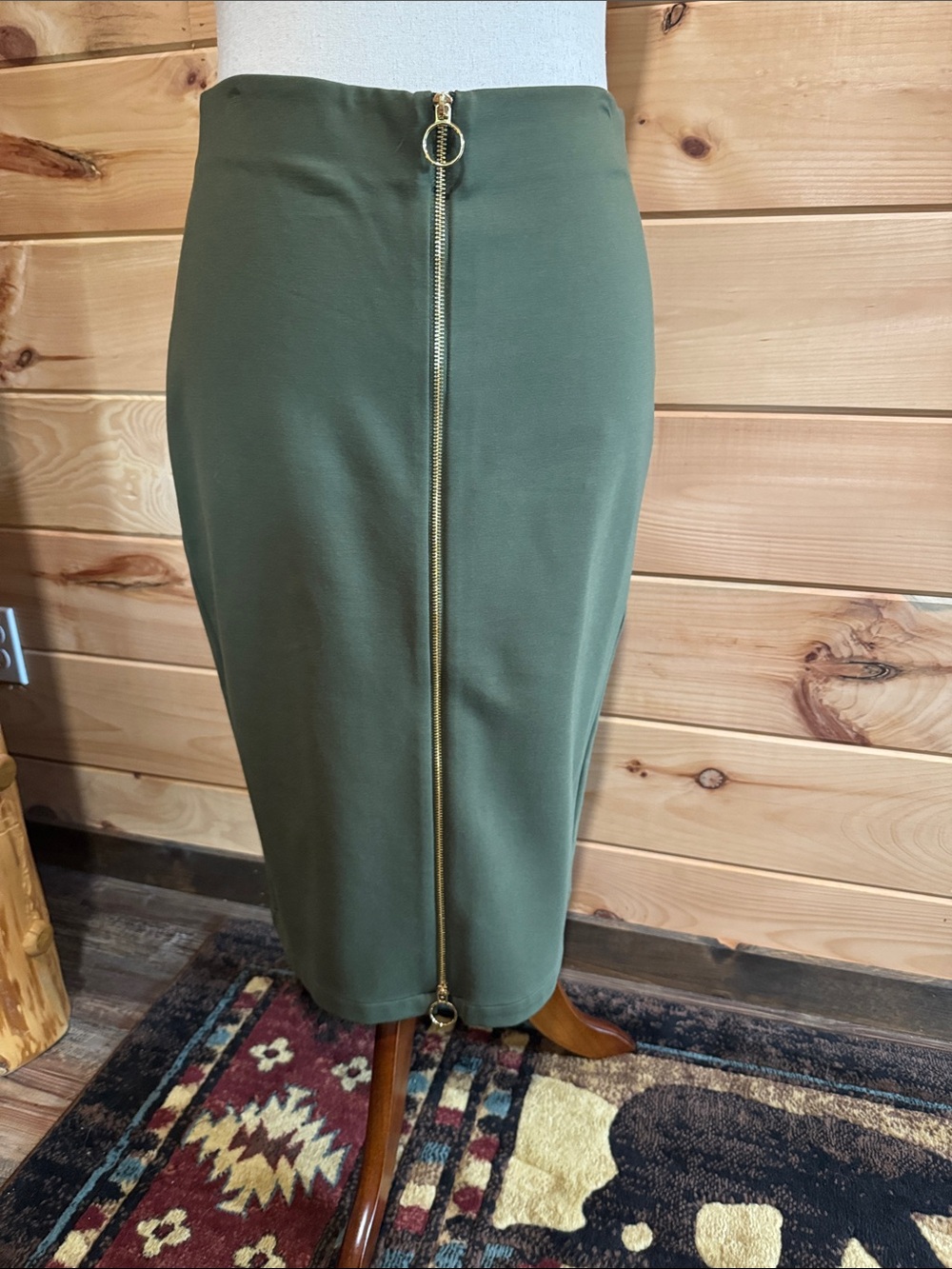 INC International Concepts Olive Green Pencil Skirt with Gold Zip Detail